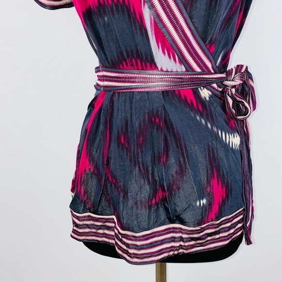 BCBG Maxazria Women's Small  S Pink Black Taupe Gray Abstract Faux Wrap Top - Picture 4 of 8